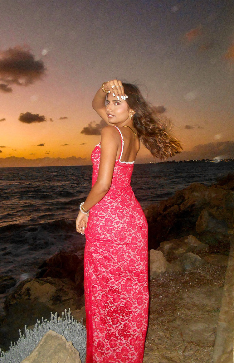 Floral Lace Scalloped Trim Scoop Neck Spaghetti Strap Bodycon Maxi Dress 9