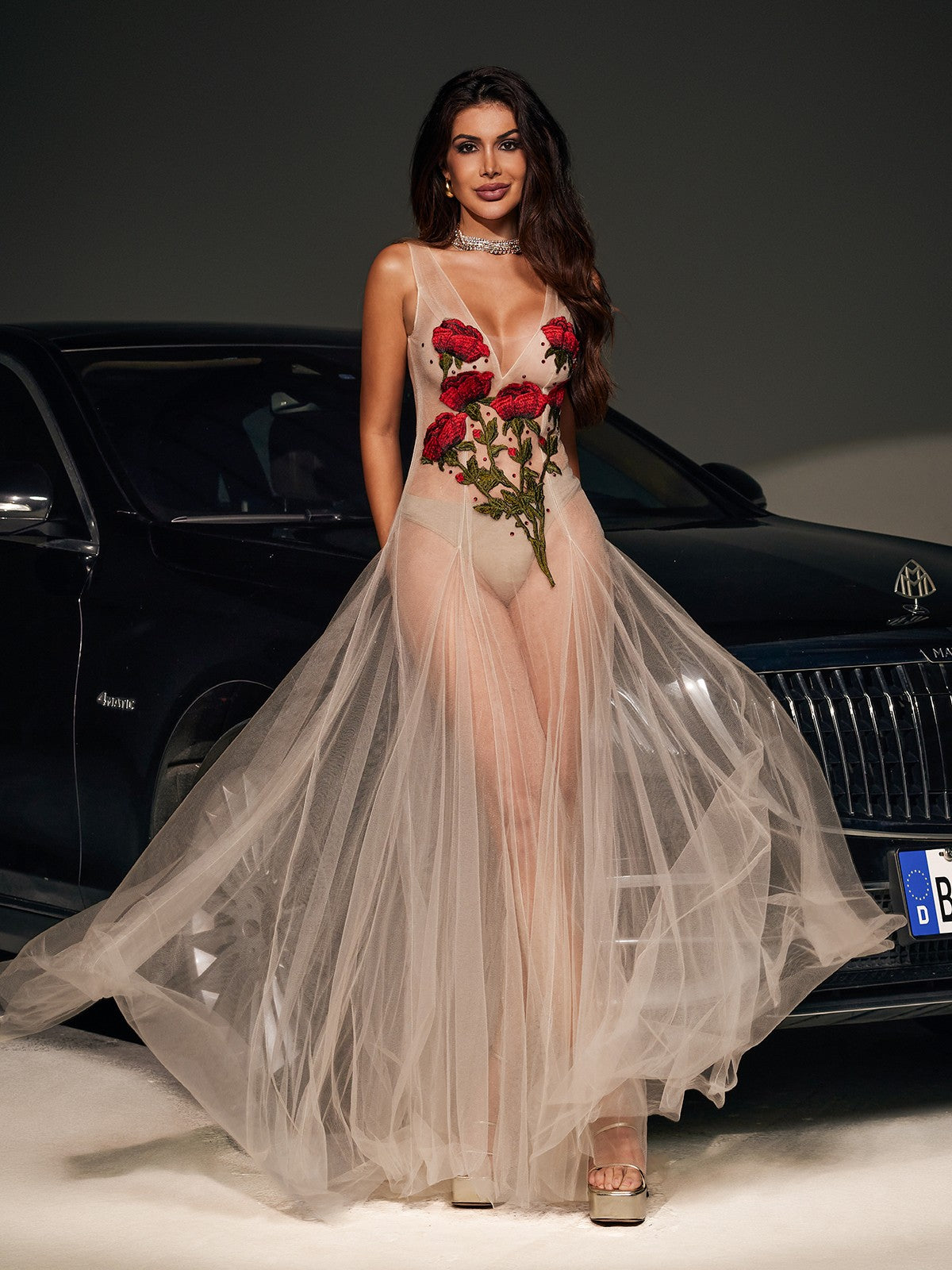 Mesh Deep V-Neck Floral Embroidery Tulle Layered Maxi Gown