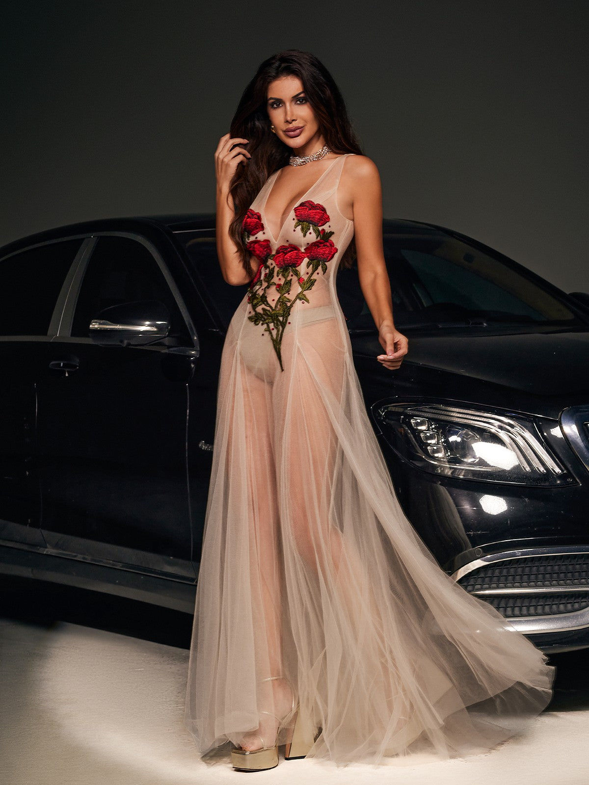 Mesh Deep V-Neck Floral Embroidery Tulle Layered Maxi Gown