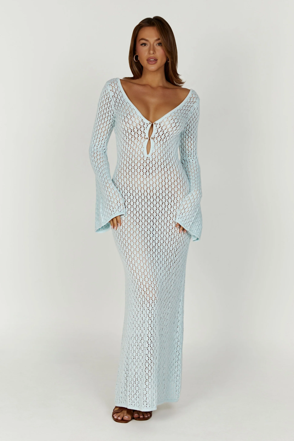 Crochet Deep V-Neck Cut Out Bell Sleeve Maxi Dress