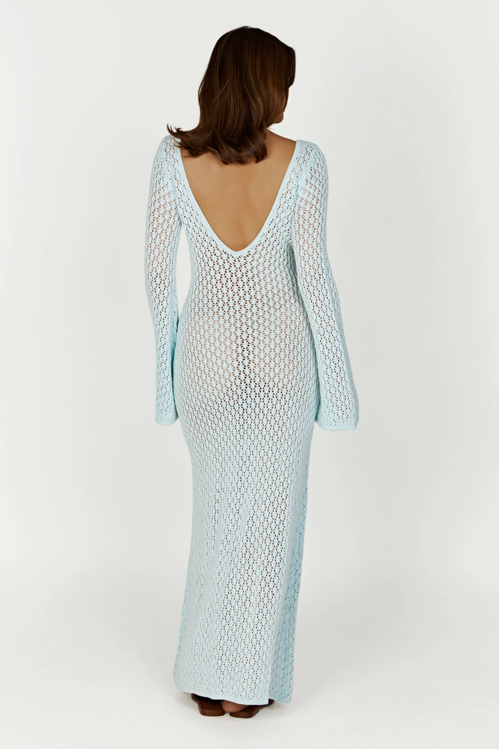 Crochet Deep V-Neck Cut Out Bell Sleeve Maxi Dress