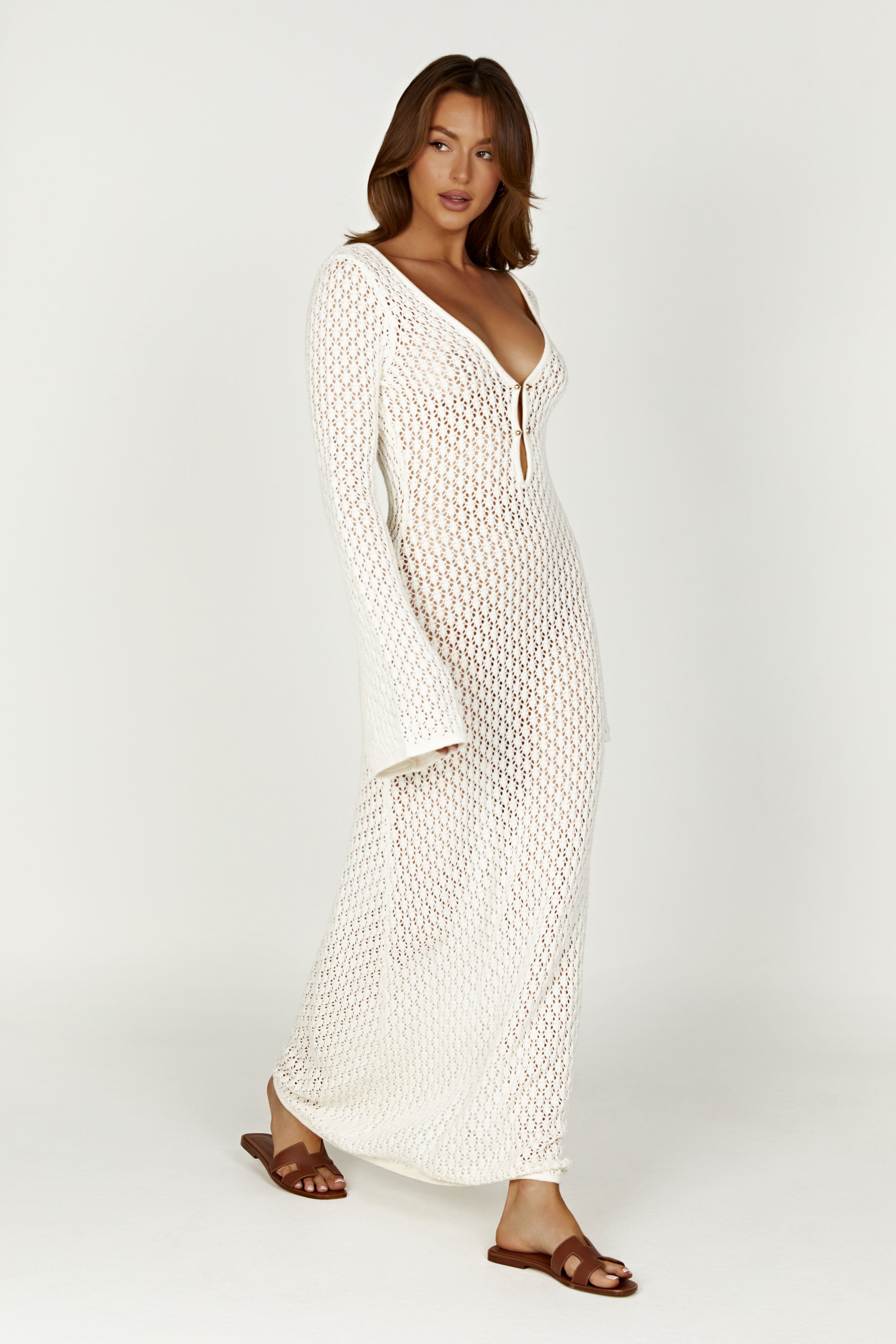 Crochet Deep V-Neck Keyhole Bell Sleeve Bodycon Maxi Dress