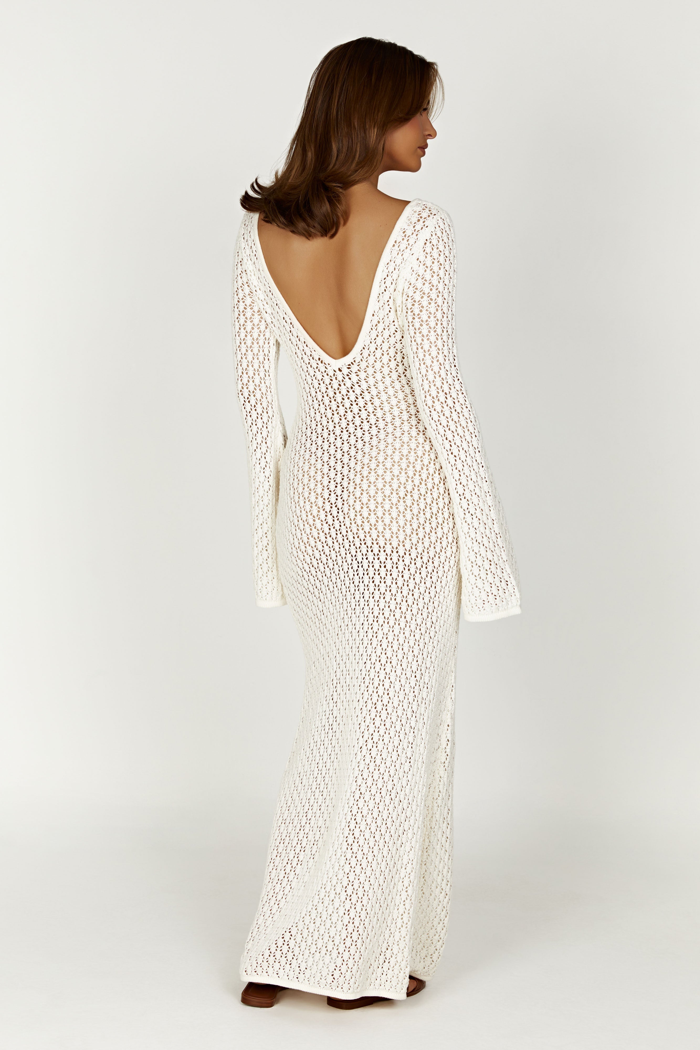 Crochet Deep V-Neck Keyhole Bell Sleeve Bodycon Maxi Dress