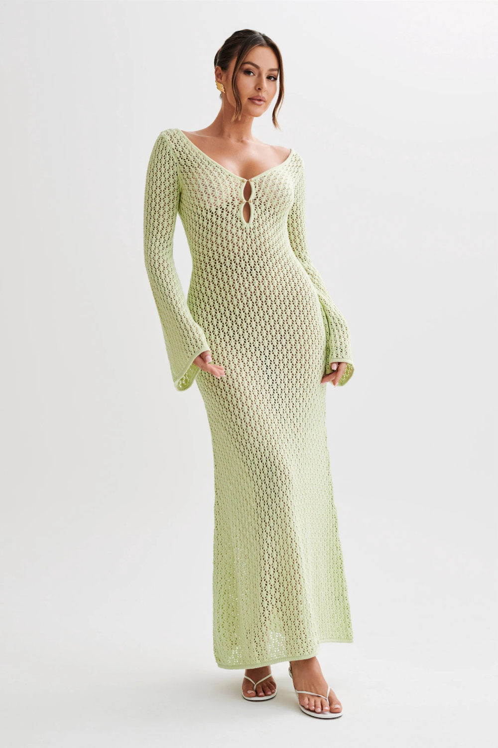 Geometric Crochet Deep V-Neck Keyhole Bell Sleeve Bodycon Maxi Dress
