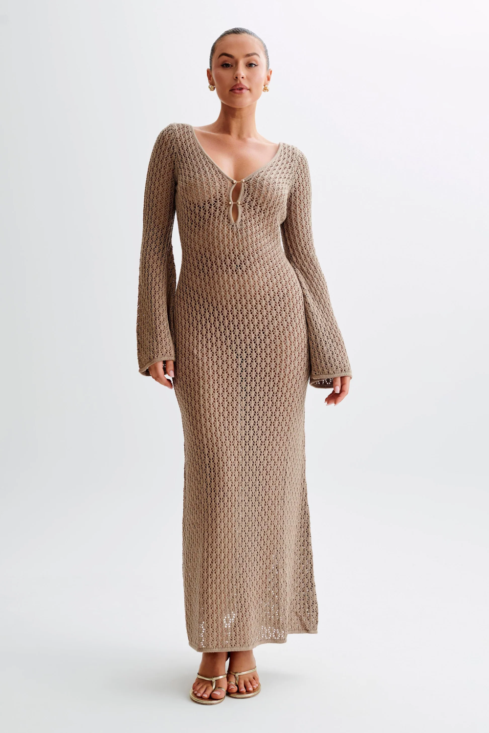 Crochet Deep V-Neck Cut Out Bell Sleeve Maxi Dress