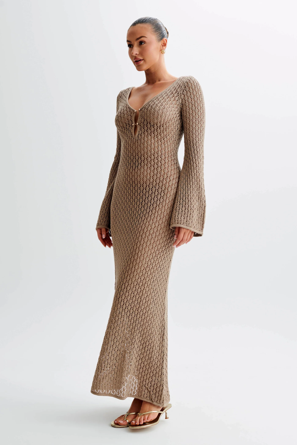 Crochet Knit Deep V-Neck Bell Sleeve Keyhole Maxi Dress