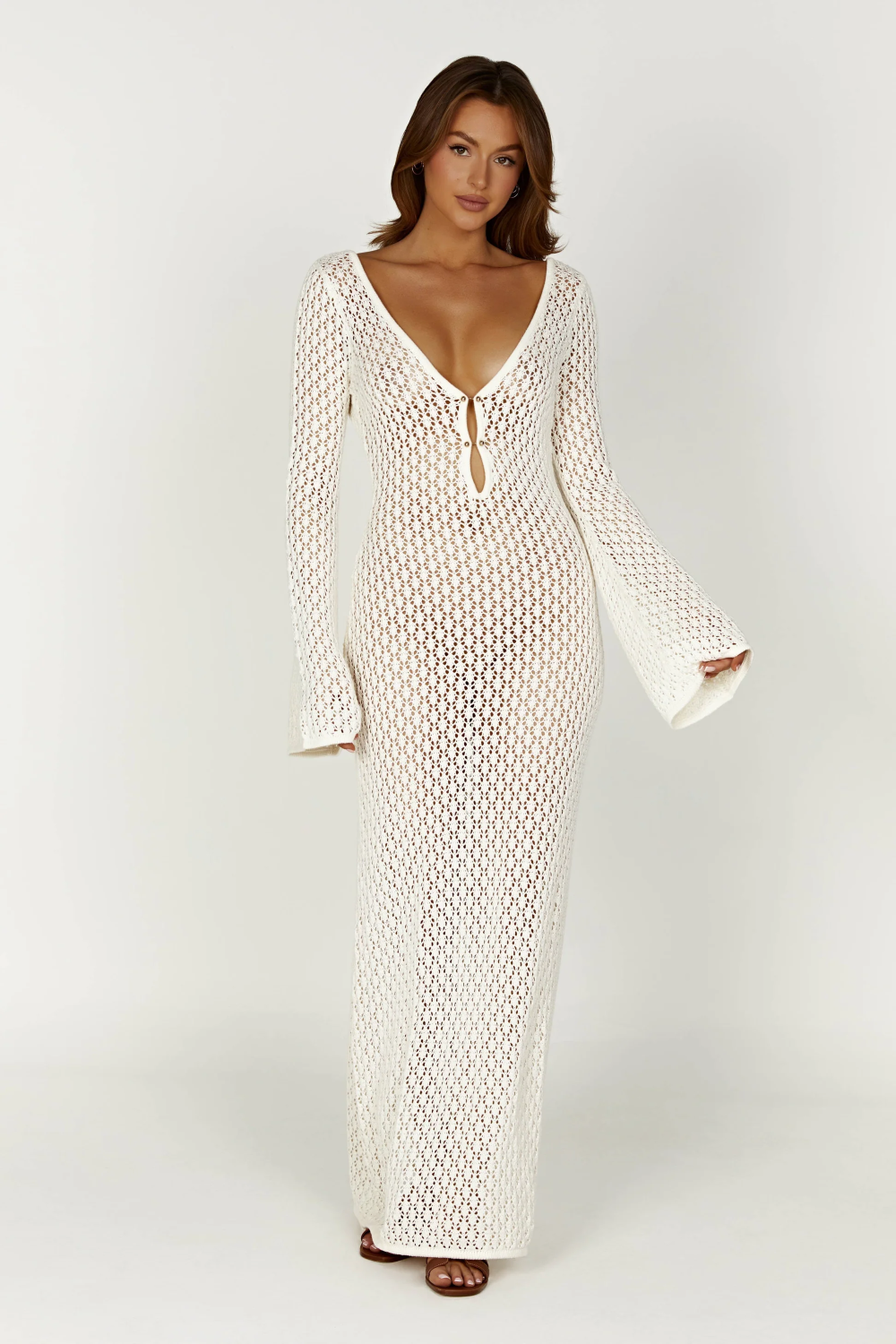 Geometric Crochet Deep V-Neck Keyhole Bell Sleeve Bodycon Maxi Dress