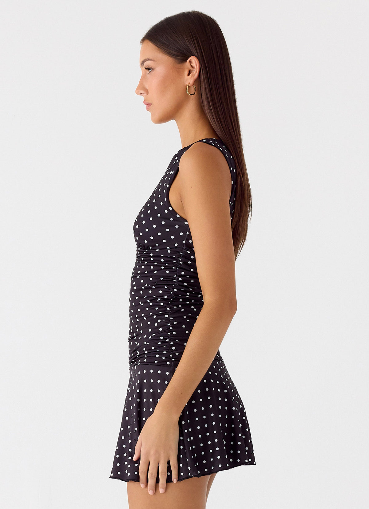 Polka Dot Boat Neck Sleeveless Ruched Drop Waist Flared Mini Dress 4