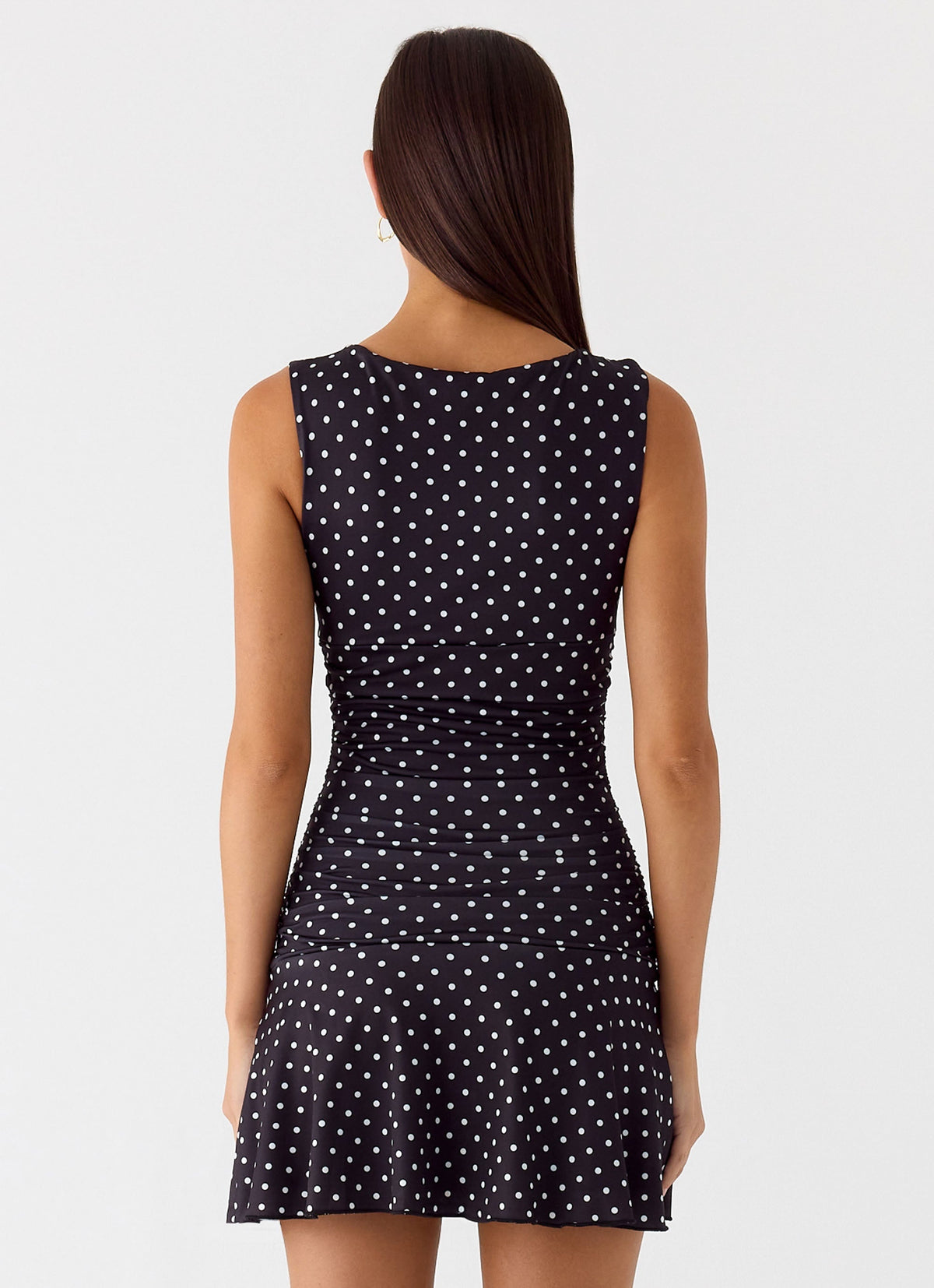 Polka Dot Boat Neck Sleeveless Ruched Drop Waist Flared Mini Dress 5