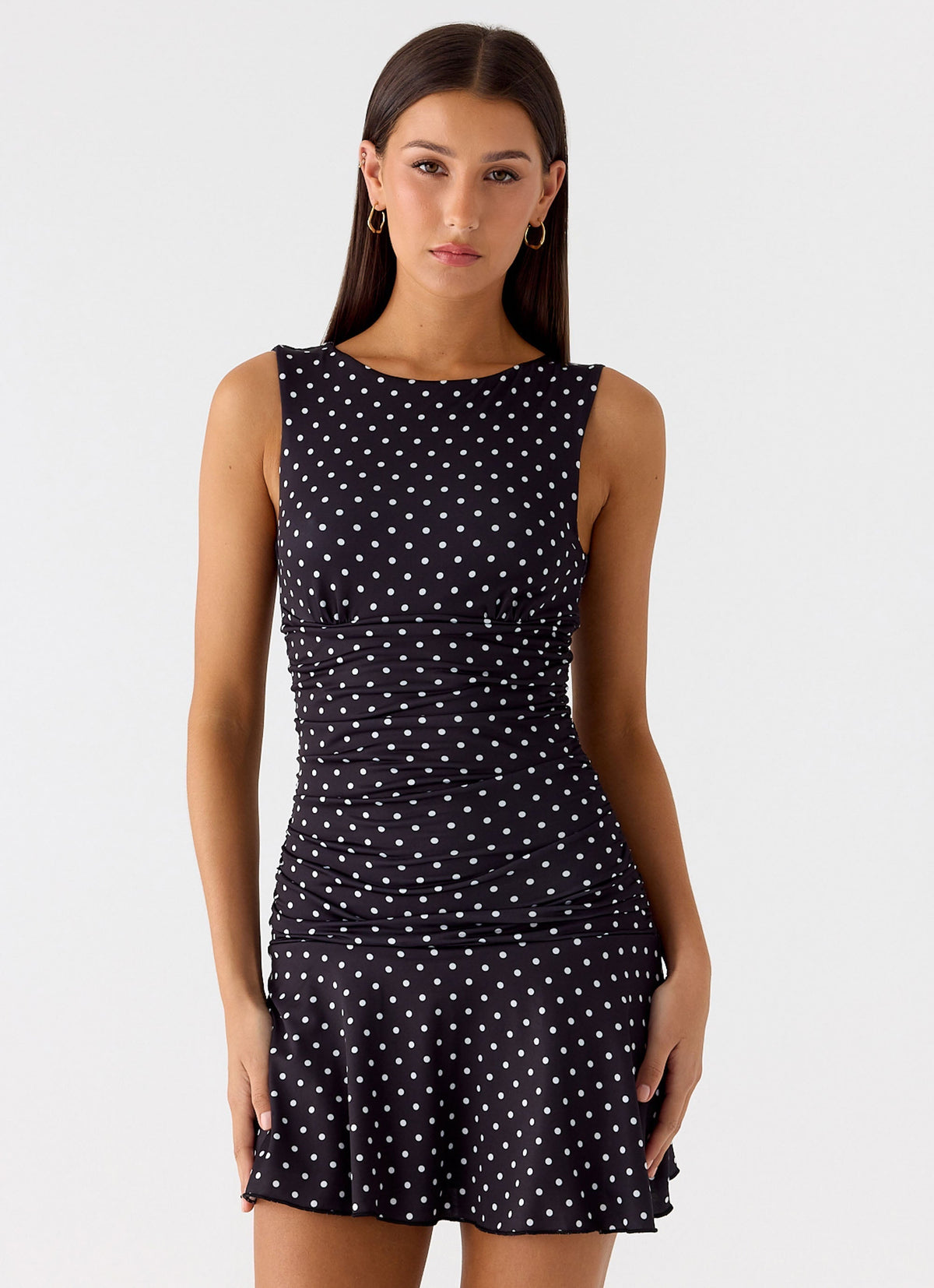 Polka Dot Boat Neck Sleeveless Ruched Drop Waist Flared Mini Dress 6