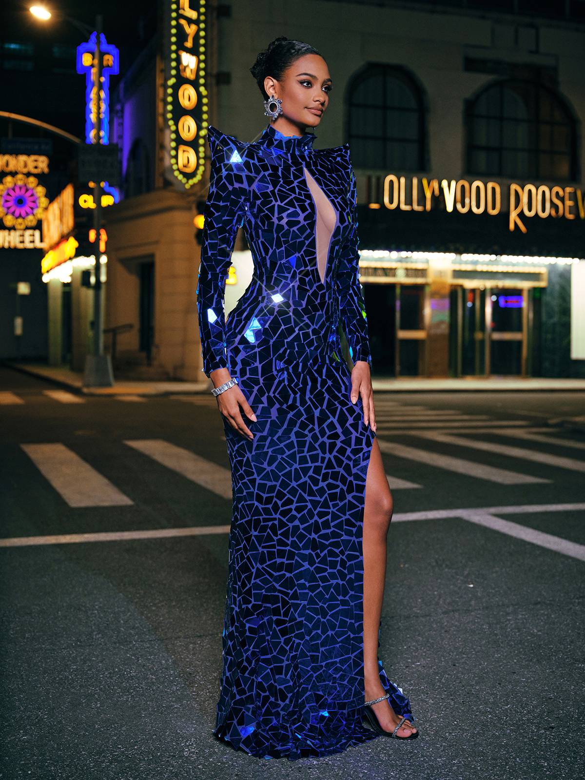 Long Sleeve Embellished Split Maxi Dress In Blue - View 5