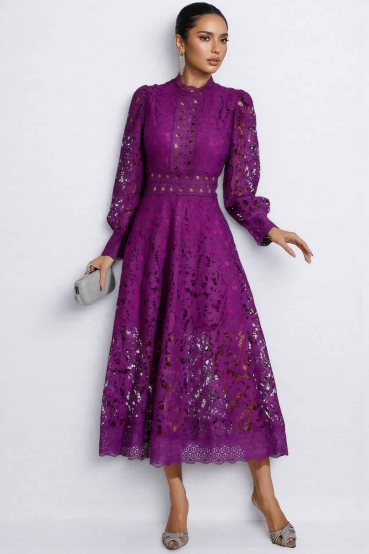 Eyelet Lace Mock Neck Long Sleeve Cut Out A-Line Midi Dress 6