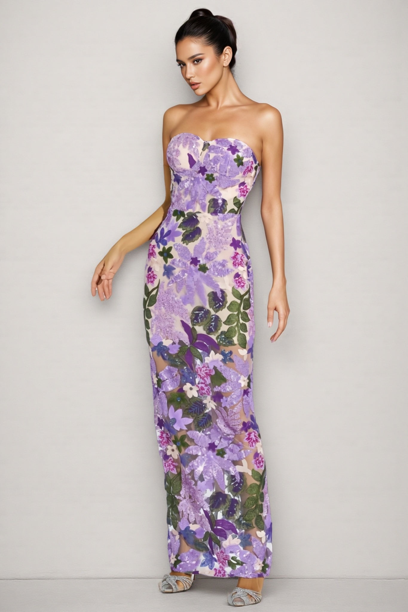 Floral Sequin Strapless Sweetheart Sheer Mermaid Maxi Gown