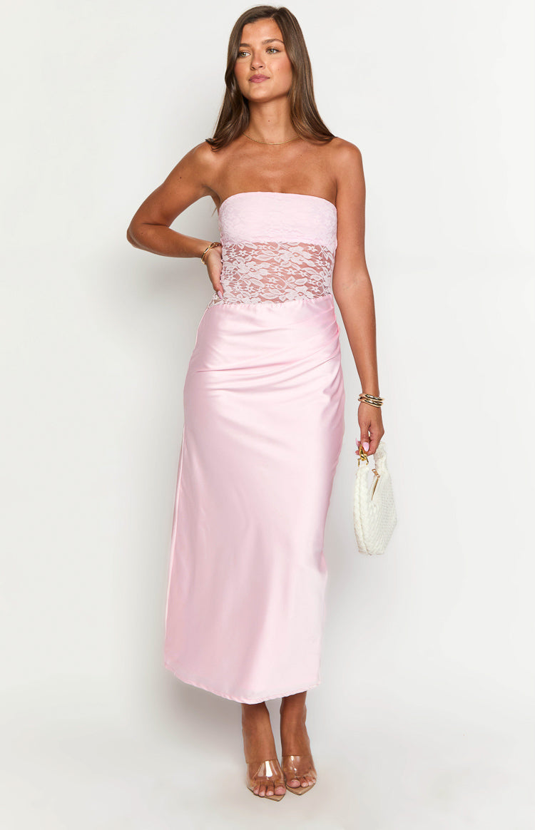 Lace Strapless Bodice Satin Ruched Side Maxi Dress 3