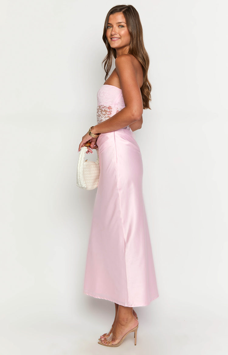 Lace Strapless Bodice Satin Ruched Side Maxi Dress 4