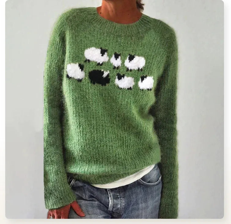 Crew Neck Sheep Motif Fuzzy Knit Sweater