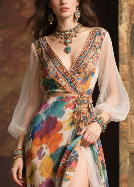 Chiffon Floral Print Wrap Deep V-Neck Bishop Sleeve Geometric Trim High Split Maxi Gown