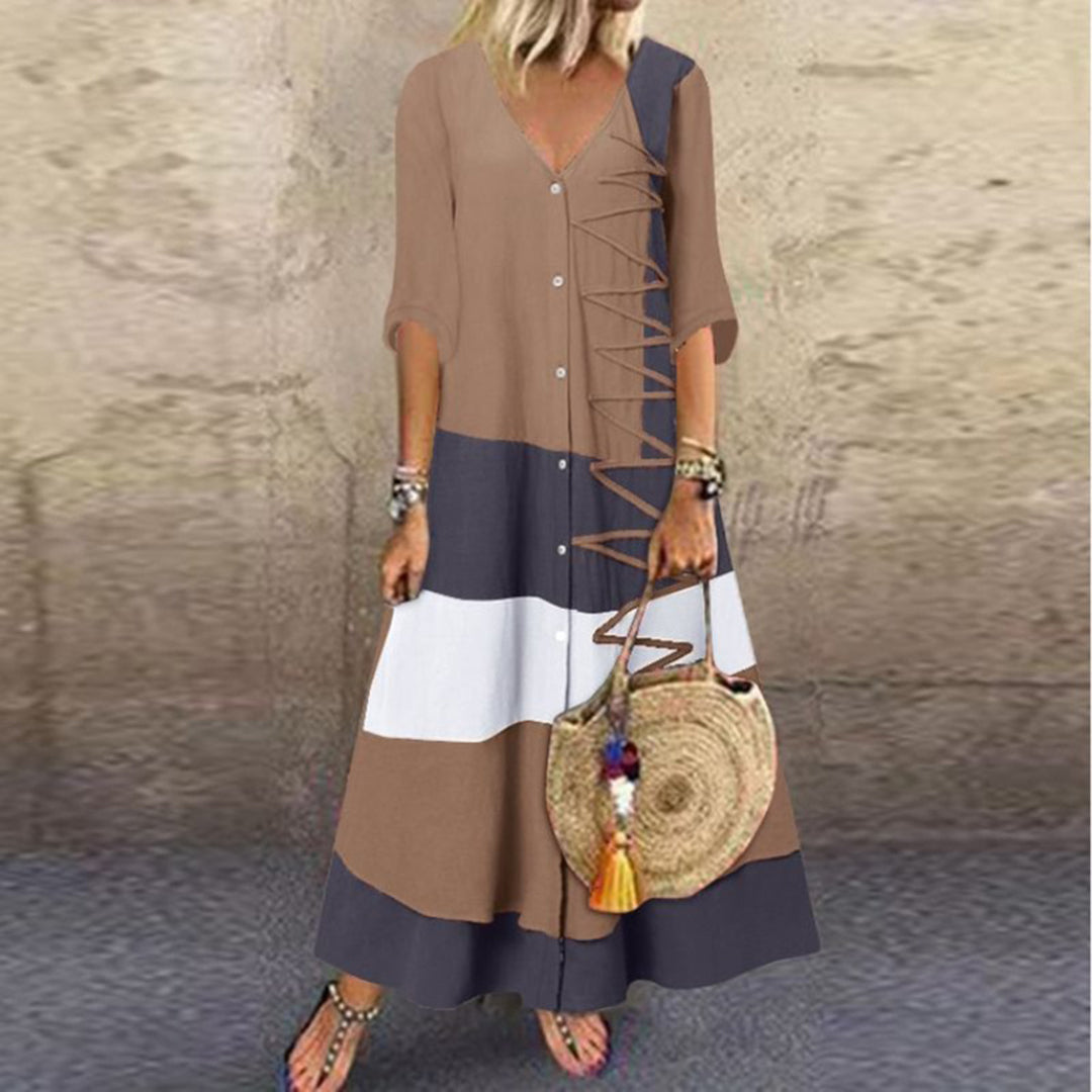 V-Neck Three Quarter Sleeve Button Front Lace Up Trim Maxi Summer Dress
