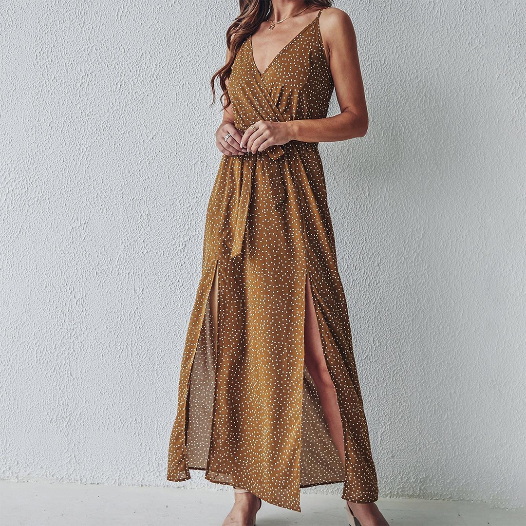 Spaghetti Strap V-Neck Wrap Tie Waist Dual Slit Ditsy Print Maxi Dress