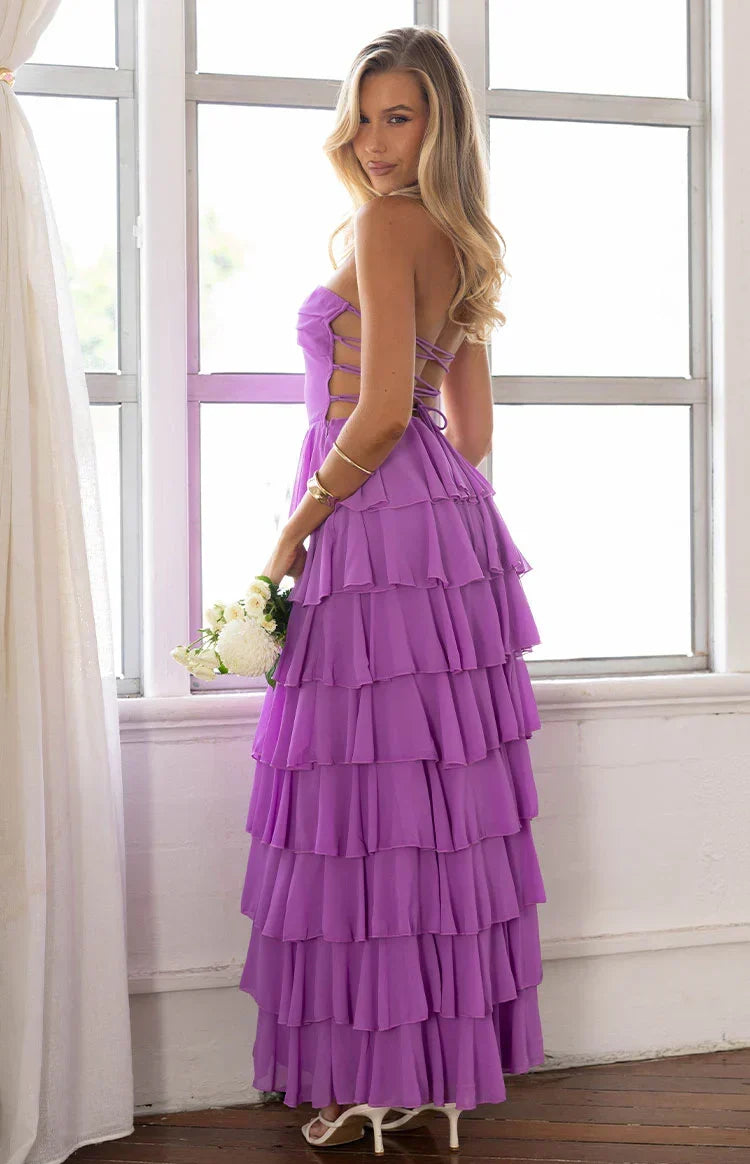 Kim Magenta Strapless Ruffle Prom Dress
