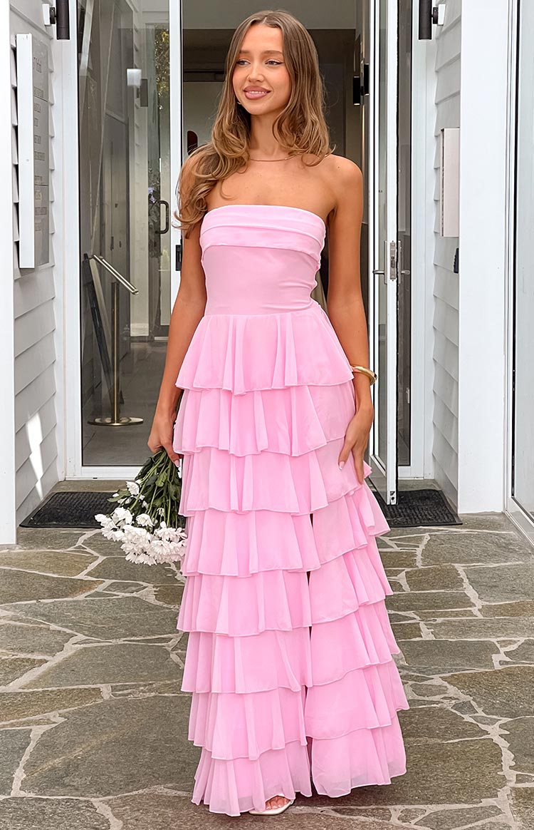 Strapless Tiered Ruffle Chiffon High Split Maxi Dress 5