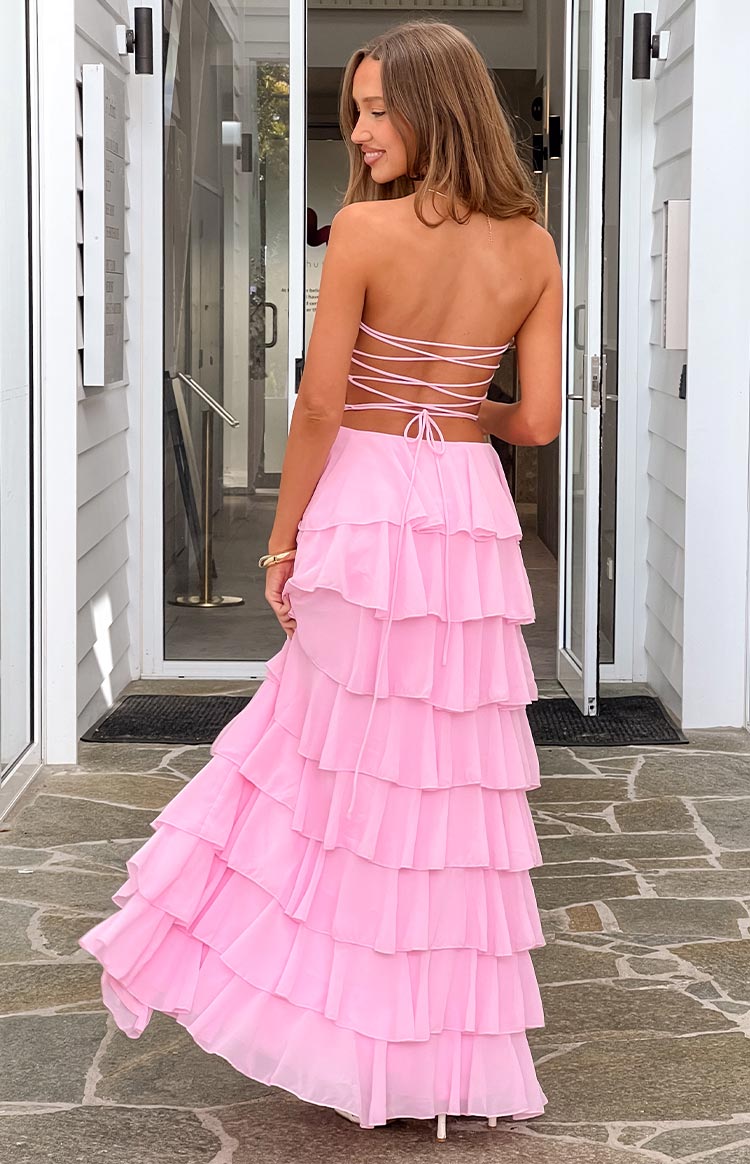 Strapless Tiered Ruffle Chiffon High Split Maxi Dress 10