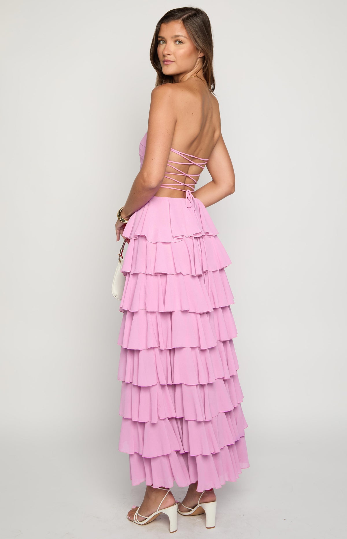 Strapless Tiered Ruffle Chiffon High Split Maxi Dress 3