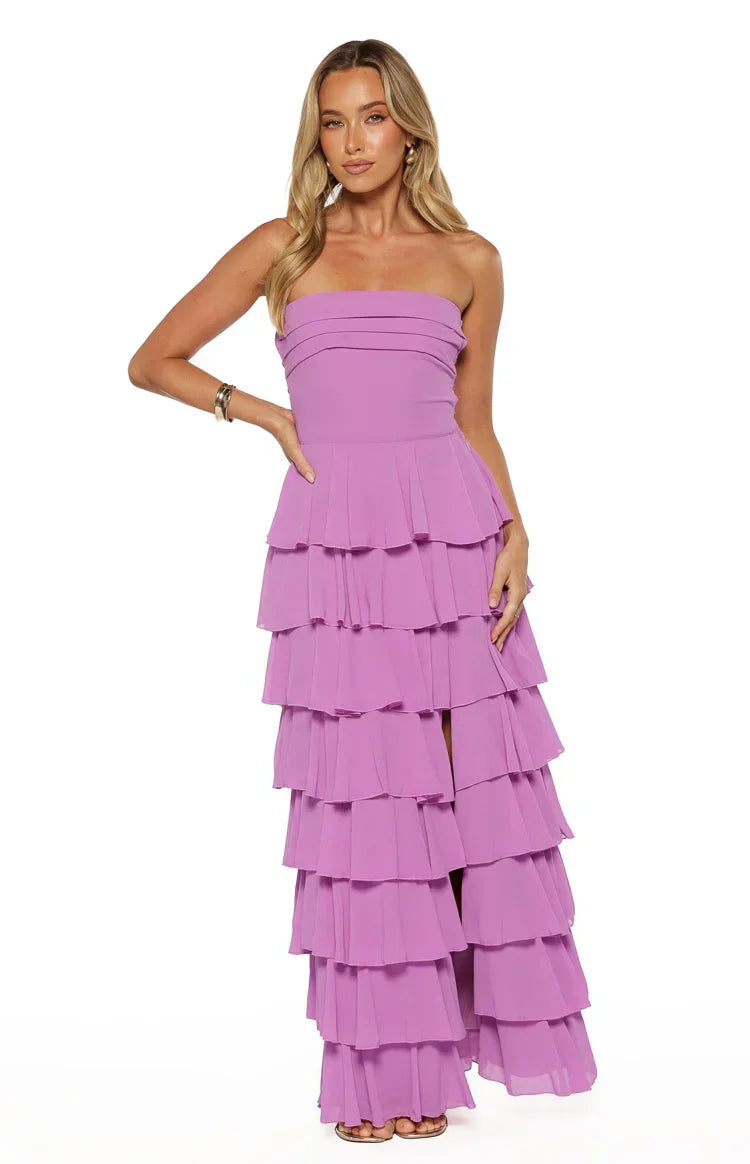 Kim Magenta Strapless Ruffle Prom Dress