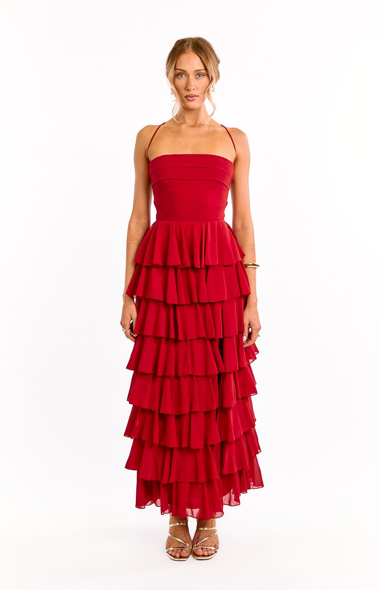 Chiffon Lace Up Back Tiered Ruffle High Low Maxi Dress 2