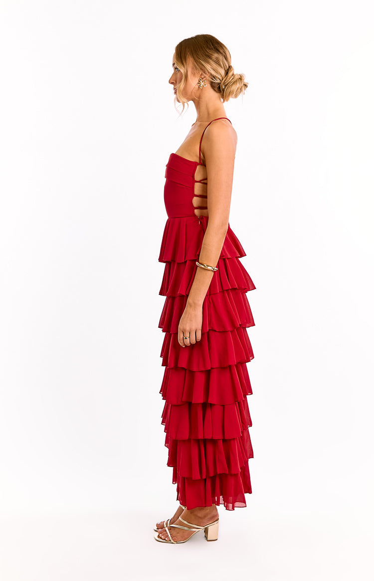 Chiffon Lace Up Back Tiered Ruffle High Low Maxi Dress 3