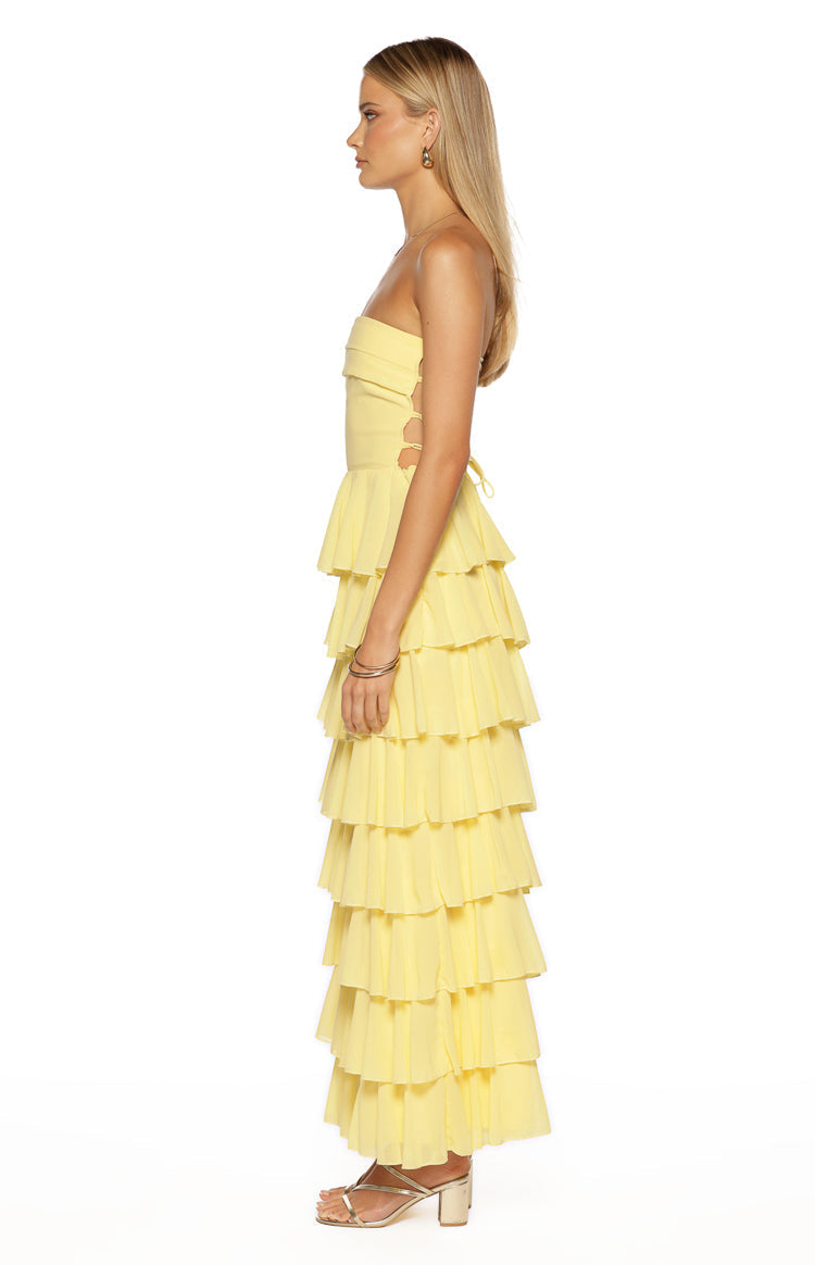 Kim Yellow Strapless Ruffle Maxi Dress