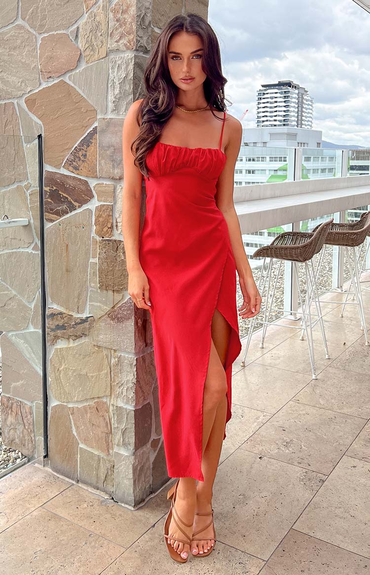 Spaghetti Strap Ruched Bust Wrap Front Split Midi Dress 7