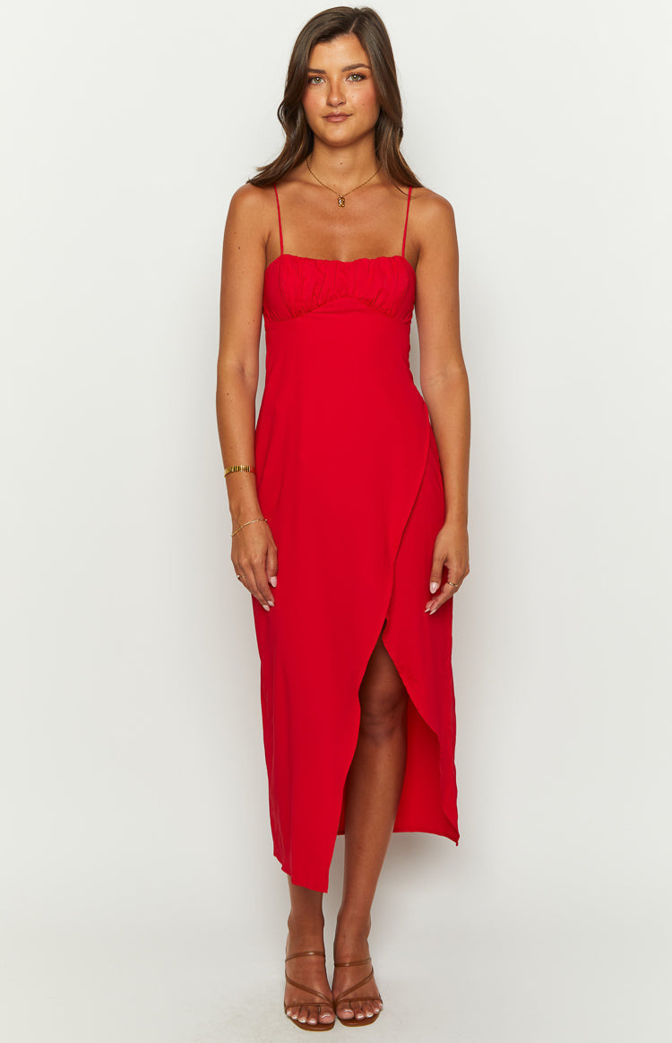Spaghetti Strap Ruched Bust Wrap Front Split Midi Dress