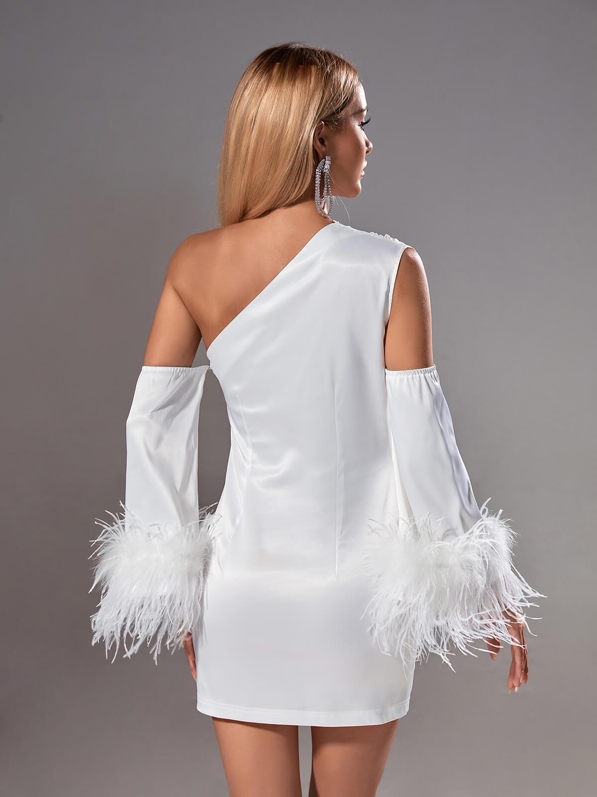 Klara Satin Feather Trimmed Mini Dress In White - View 5