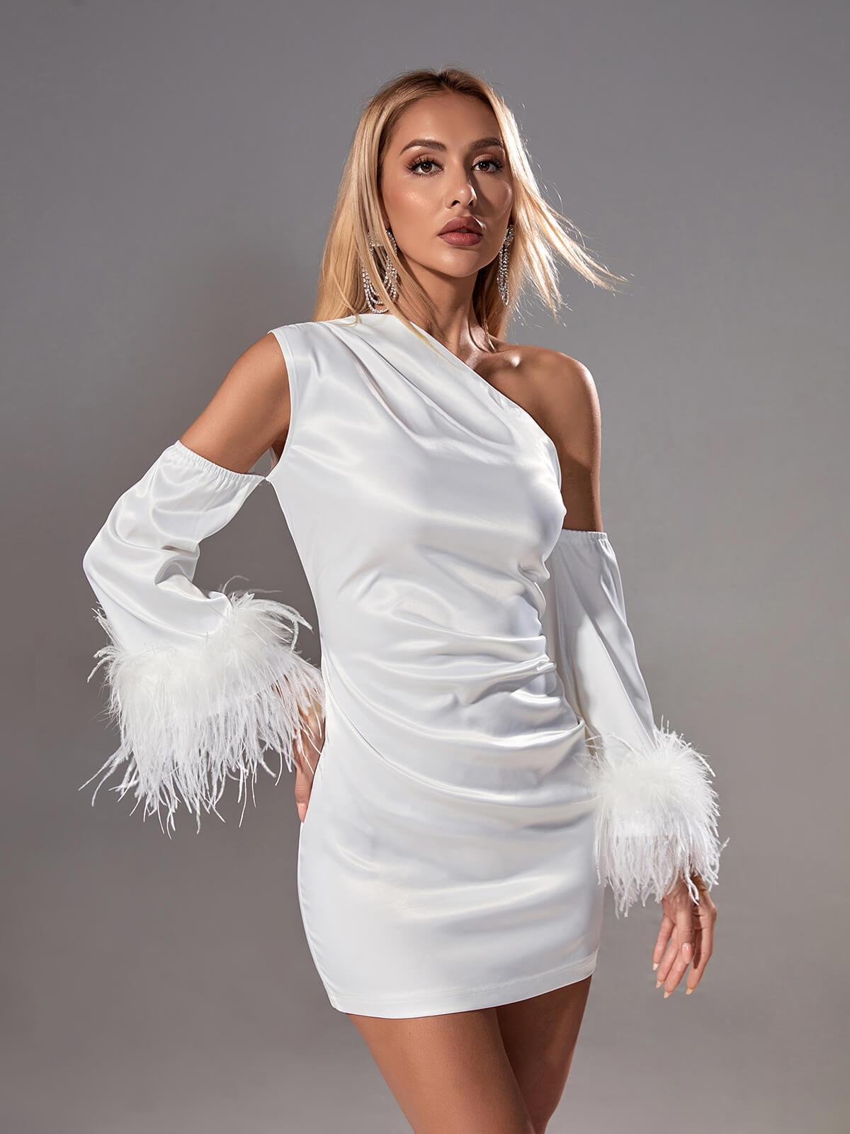 Klara Satin Feather Trimmed Mini Dress In White - View 4