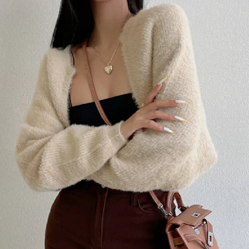 Open Front Long Sleeve Fuzzy Knit Cropped Shrug Cardigan 6