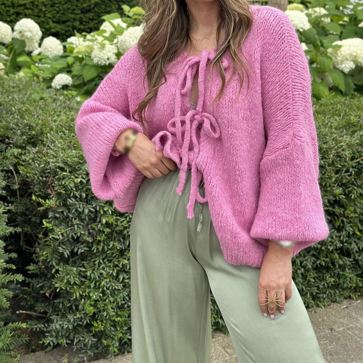 Tie Front Bow Balloon Sleeve Chunky Knit Oversized Cardigan 2