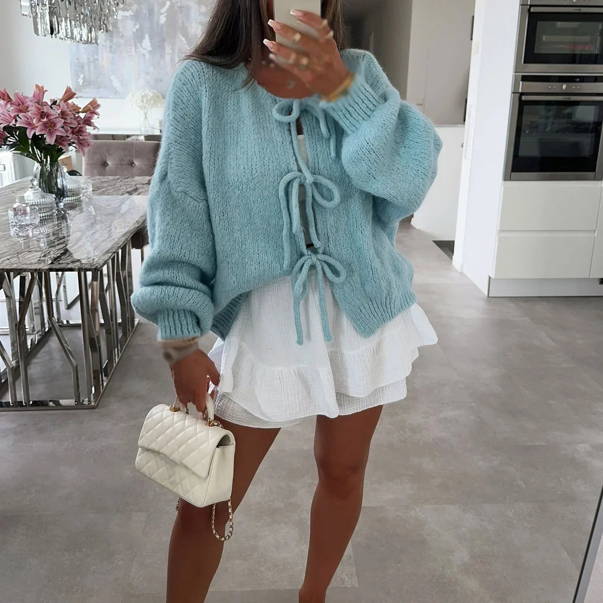 Tie Front Bow Balloon Sleeve Chunky Knit Oversized Cardigan