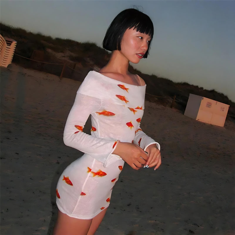 Fish Print Off Shoulder Long Sleeve Sheer Knit Bodycon Mini Dress 2