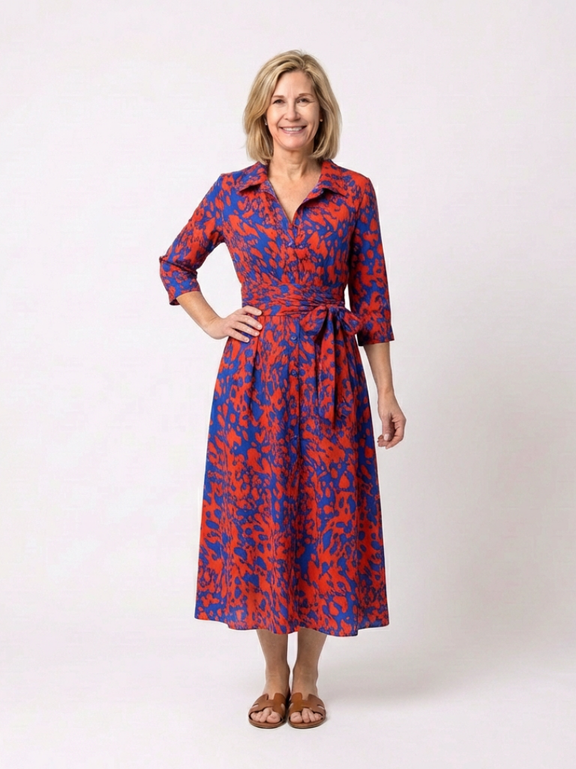 Animal Print Collared Three Quarter Sleeve Waist Tie Midi Dress