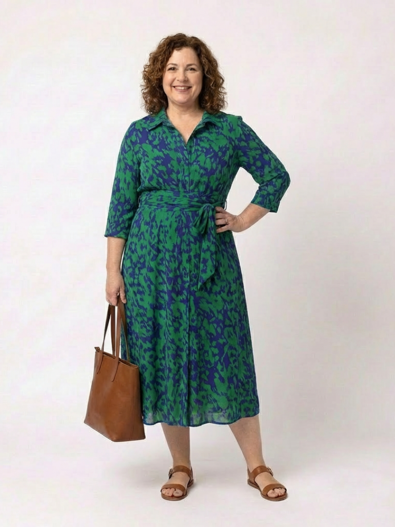 Animal Print Collared Three Quarter Sleeve Waist Tie Midi Dress