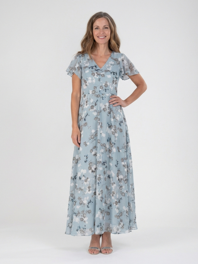 Floral Print V-Neck Flutter Sleeve Chiffon Maxi Dress