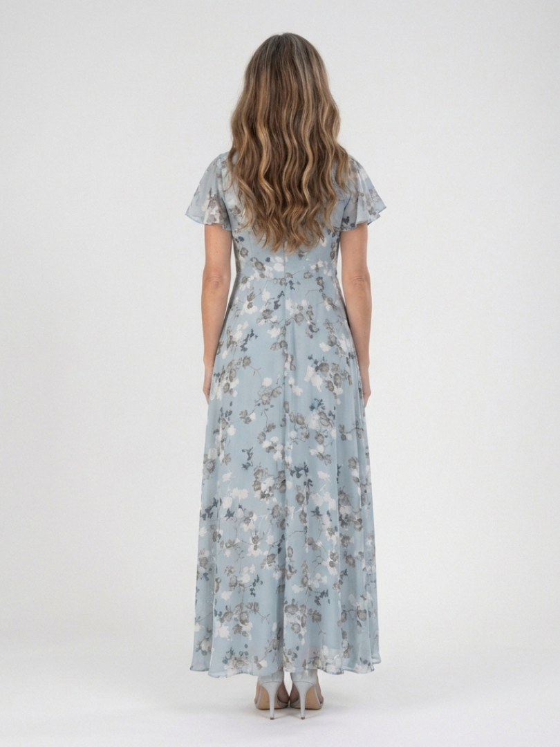 Floral Chiffon V-Neck Flutter Sleeve Maxi Dress