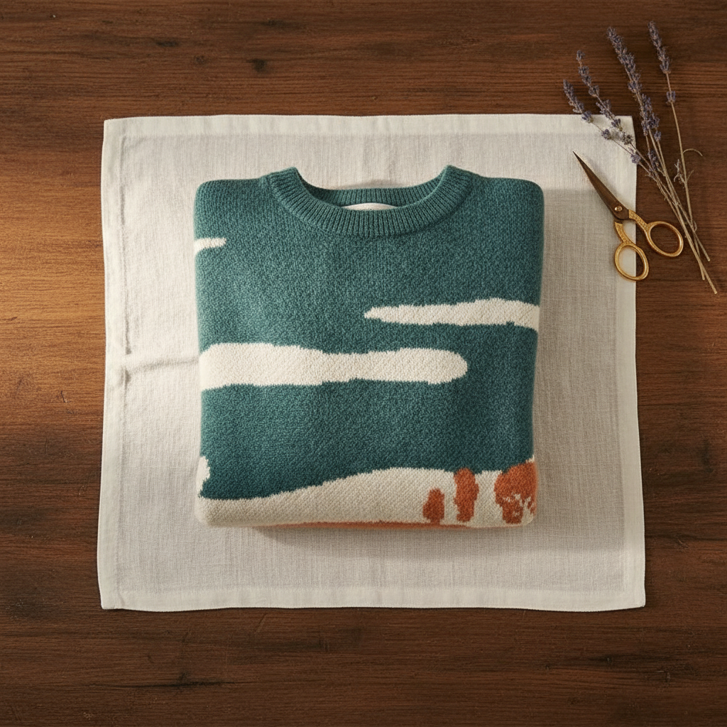 Cow Landscape Print Crew Neck Knit Sweater