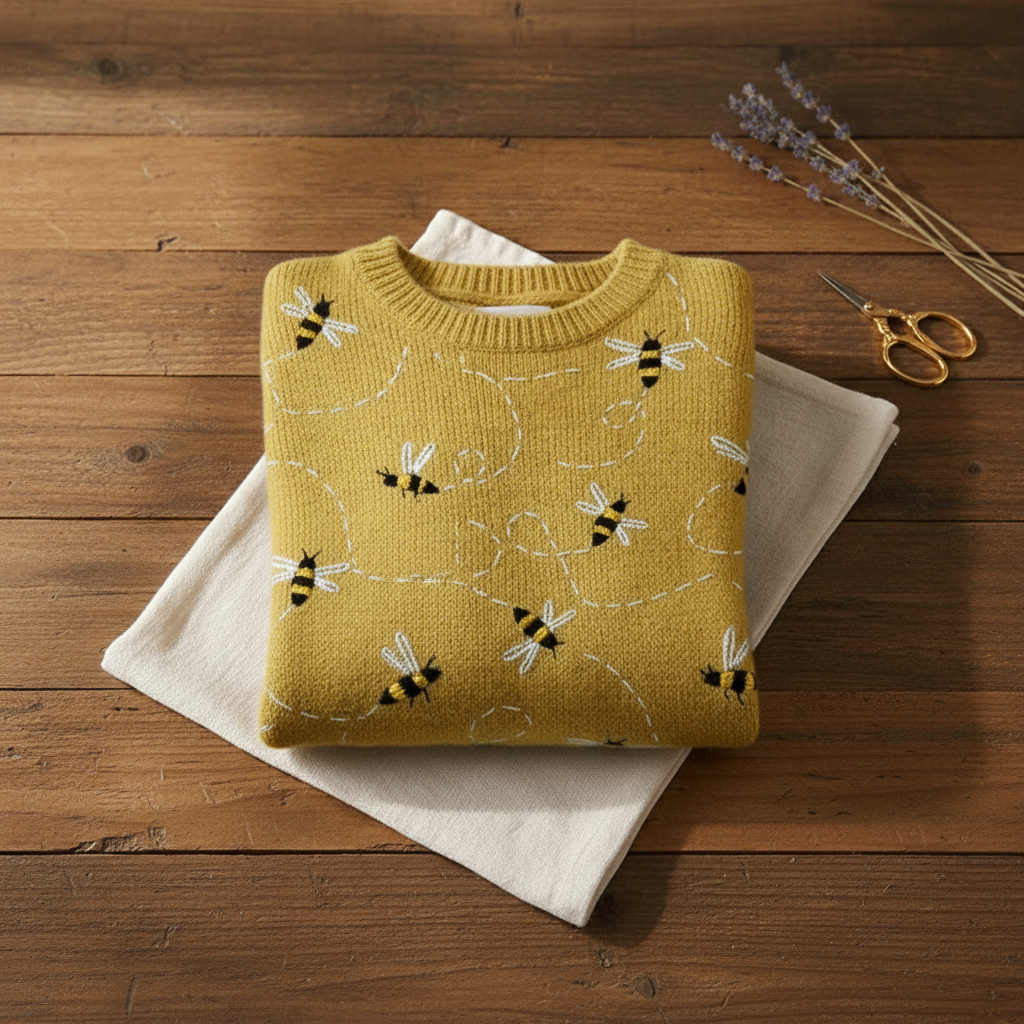 Bee Embroidered Crew Neck Long Sleeve Sweater