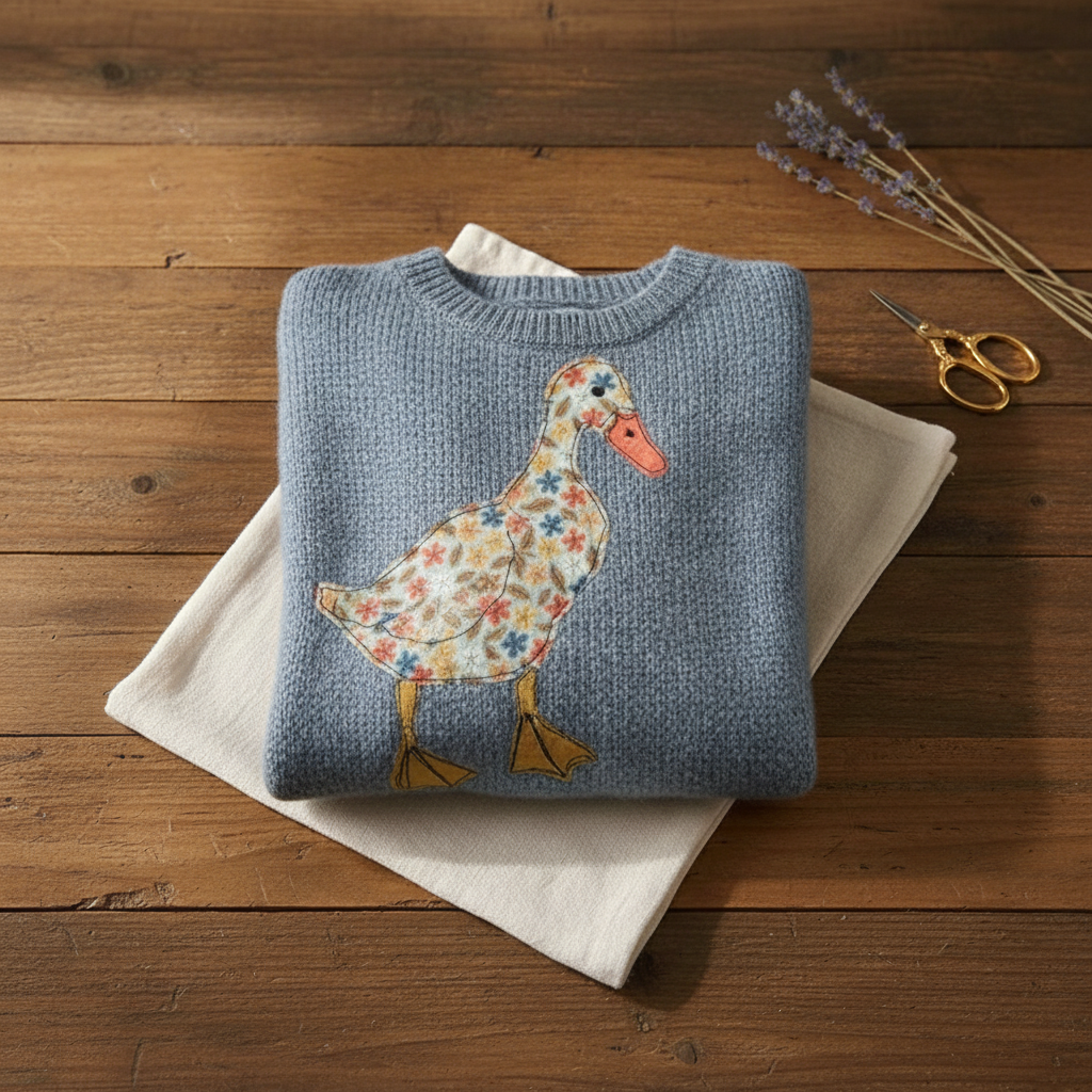 Floral Duck Applique Crew Neck Sweater
