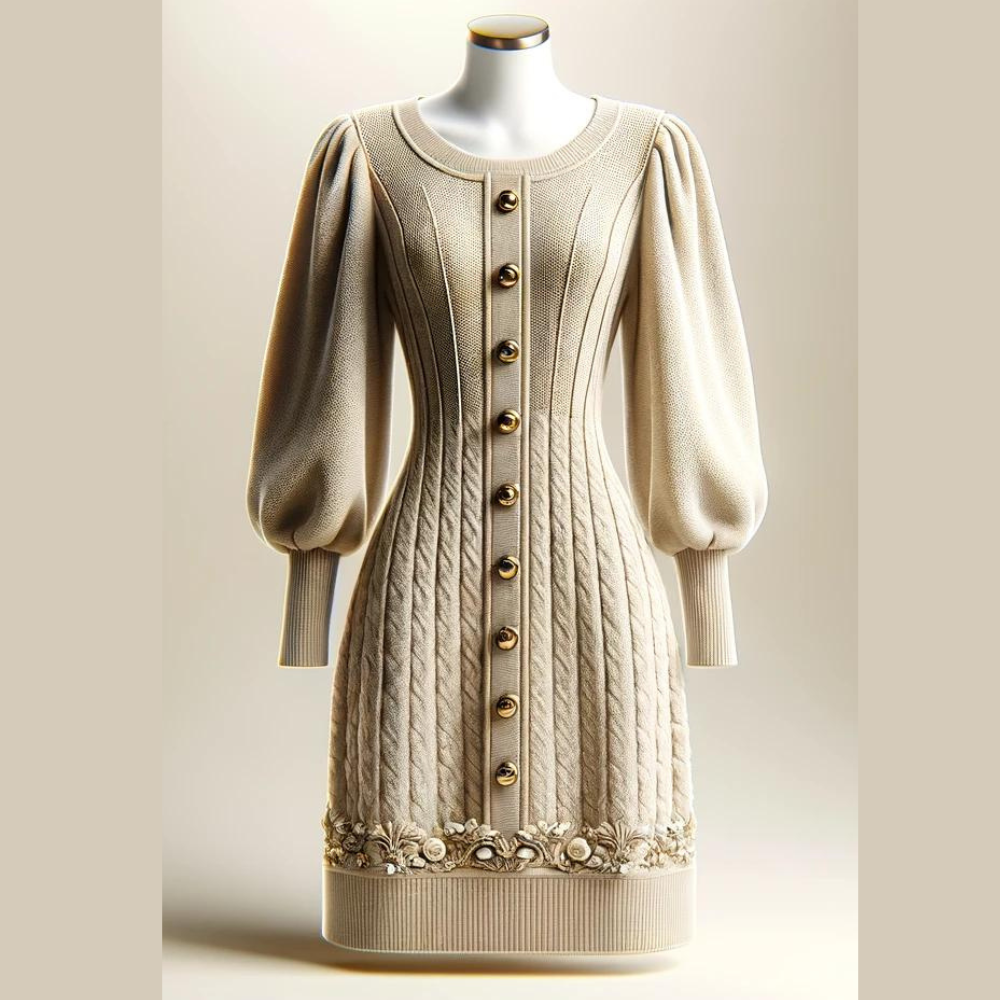 Cable Knit Crew Neck Puff Sleeve Button Front Floral Applique Hem Midi Dress