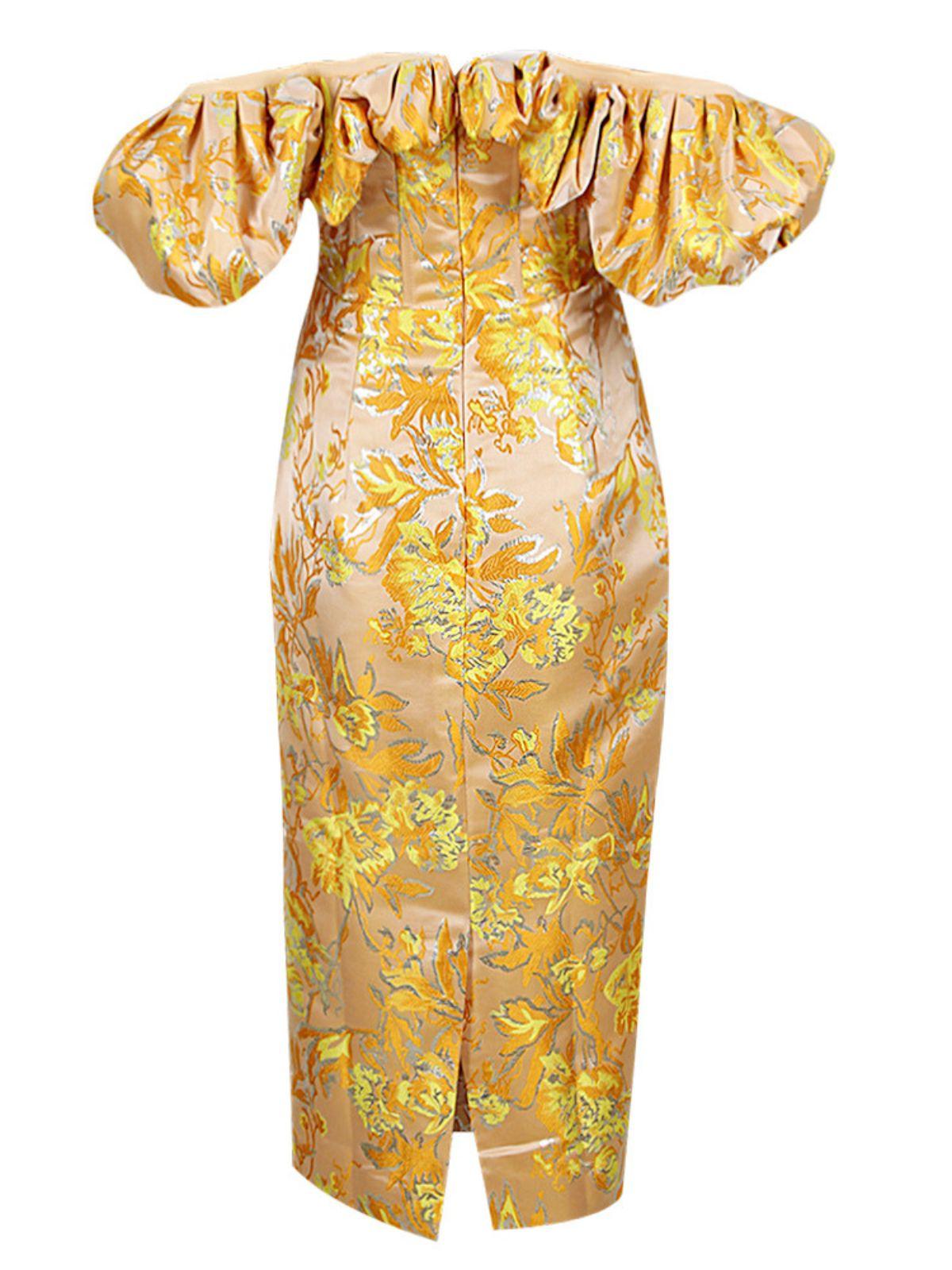 Floral Jacquard Off Shoulder Puff Sleeve Corset Bodycon Midi Dress