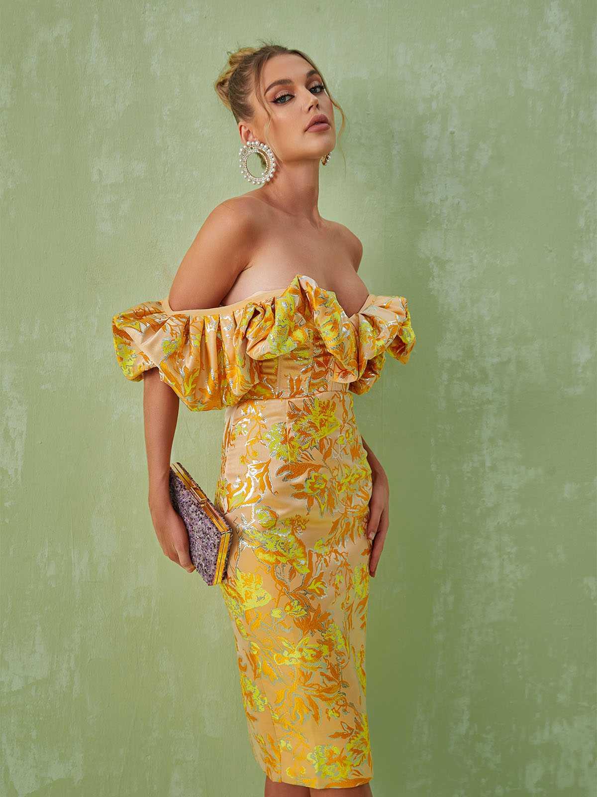 Floral Jacquard Off Shoulder Puff Sleeve Corset Bodycon Midi Dress