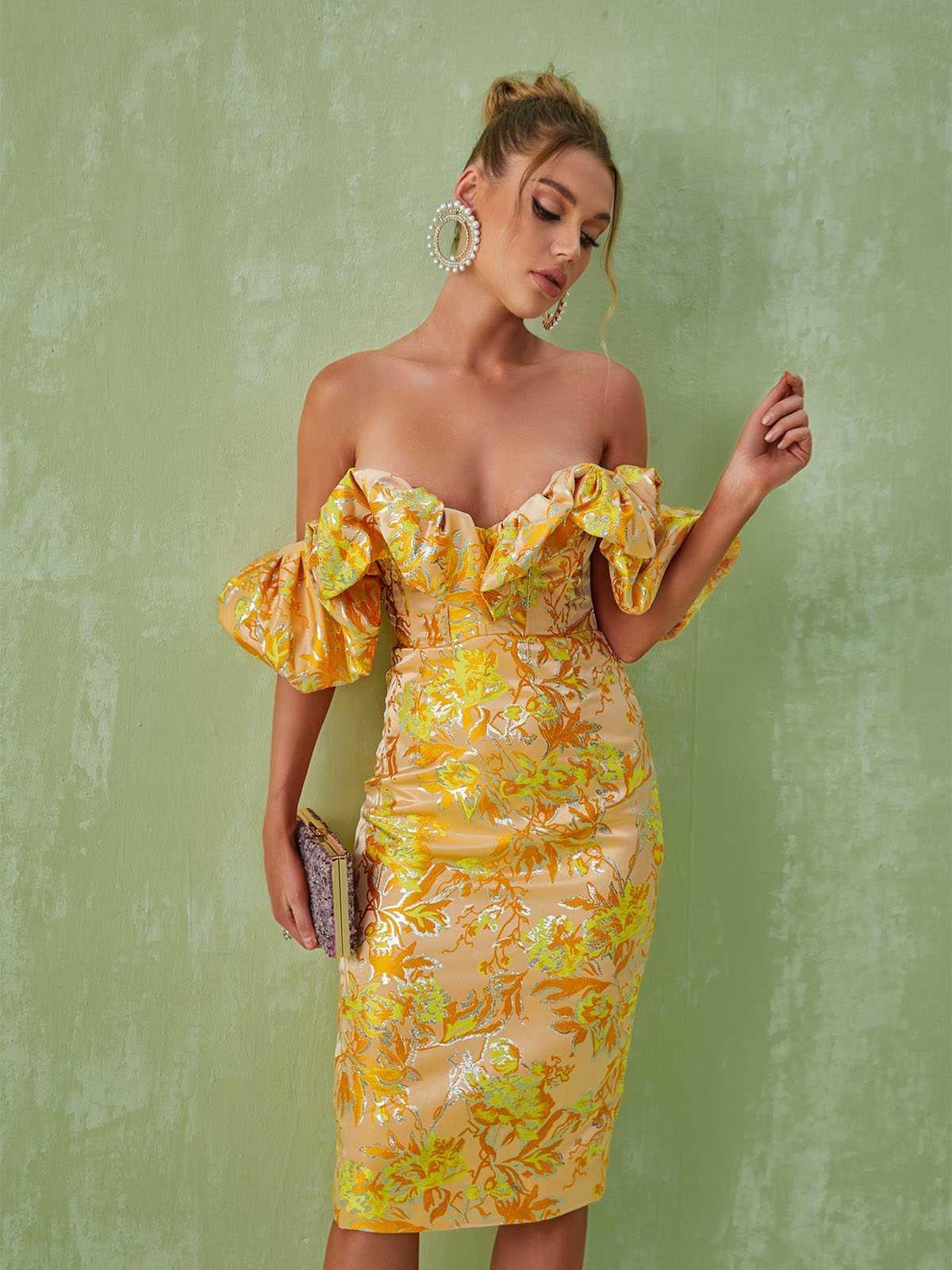 Floral Jacquard Off Shoulder Puff Sleeve Corset Bodycon Midi Dress